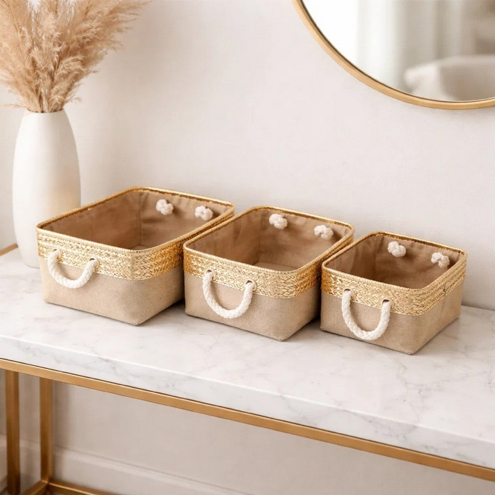 Nesting Basket Set of 3 | Rope Handles | Gold Accents | Brown Jute Fabric