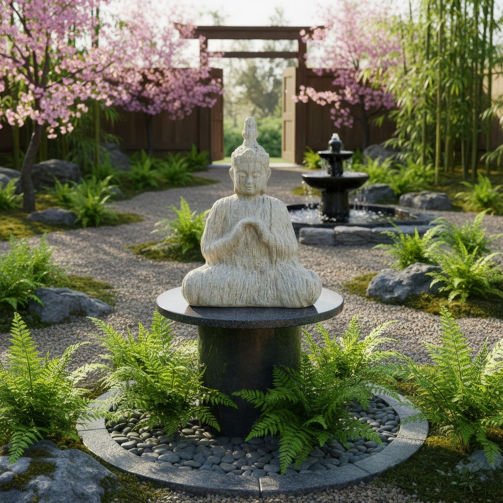 Meditating Buddha Sculpture | Weathered Stone-Look Cream Polyresin 17"