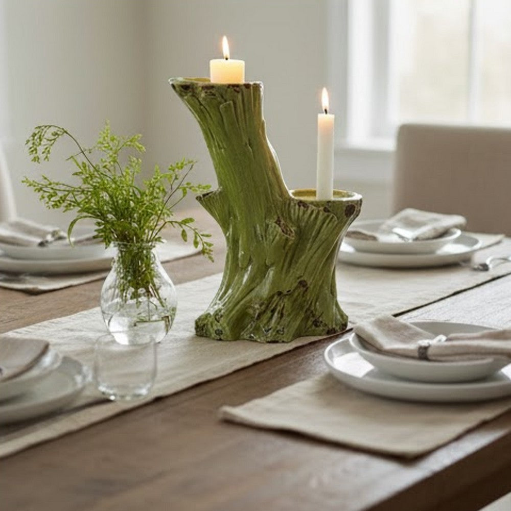 Vintage Candle Holder | Tree Trunk Design Green Glazed Stoneware 11"