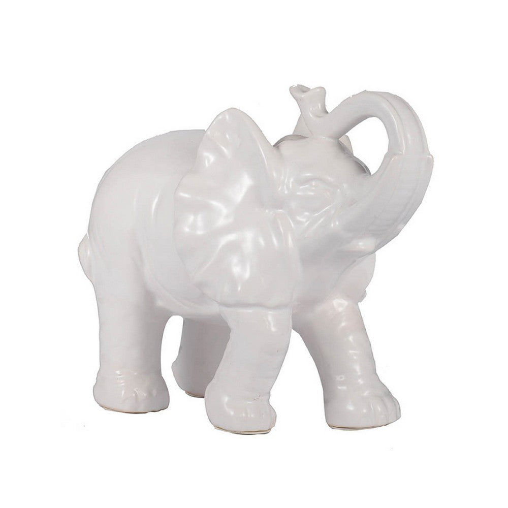 Decorative Figurine | 9" Trumpeting Elephant | Glazed White Dolomite