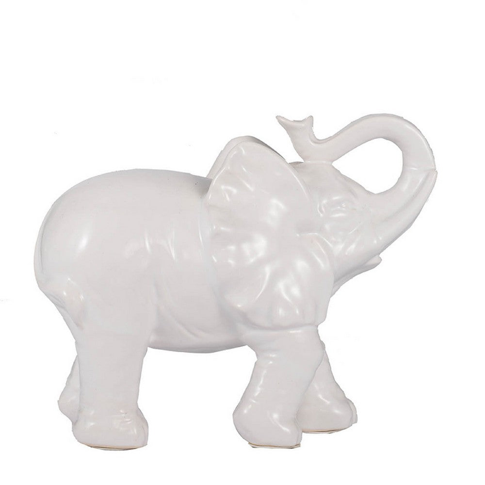 Decorative Figurine | 9" Trumpeting Elephant | Glazed White Dolomite