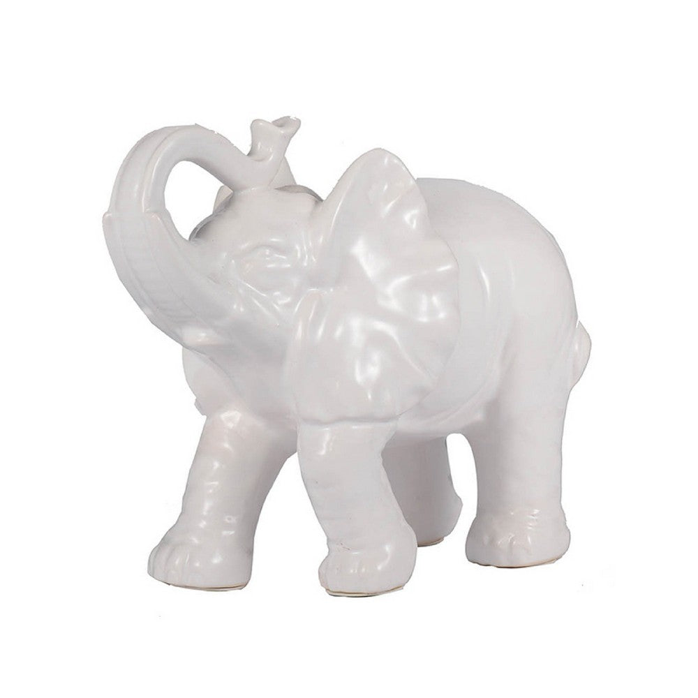 Decorative Figurine | 9" Trumpeting Elephant | Glazed White Dolomite
