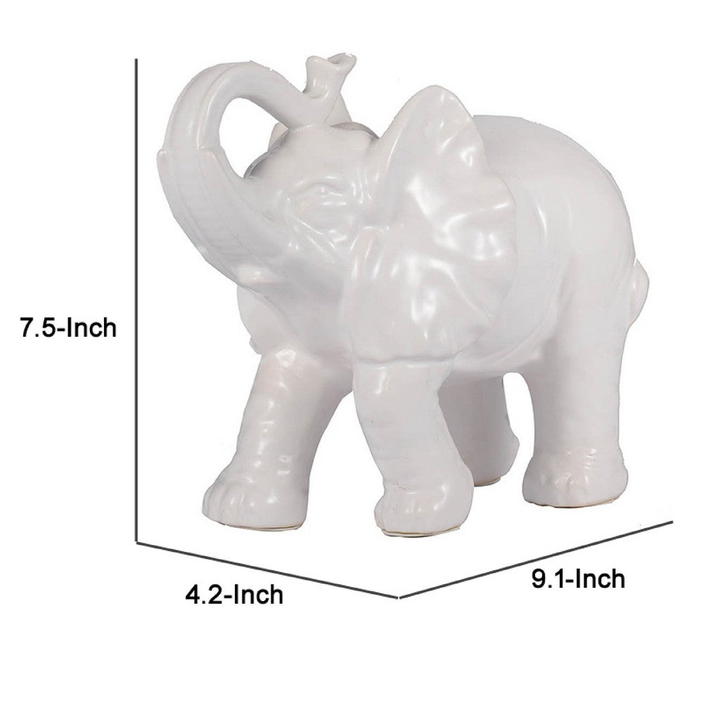 Decorative Figurine | 9" Trumpeting Elephant | Glazed White Dolomite