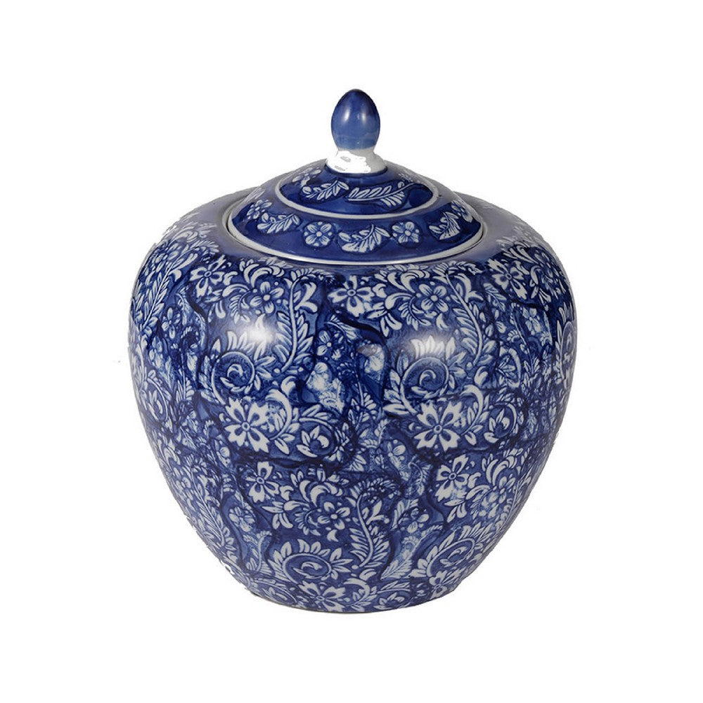 Ginger Jar with Finial | Persian Floral Print | White Blue Porcelain | 10"