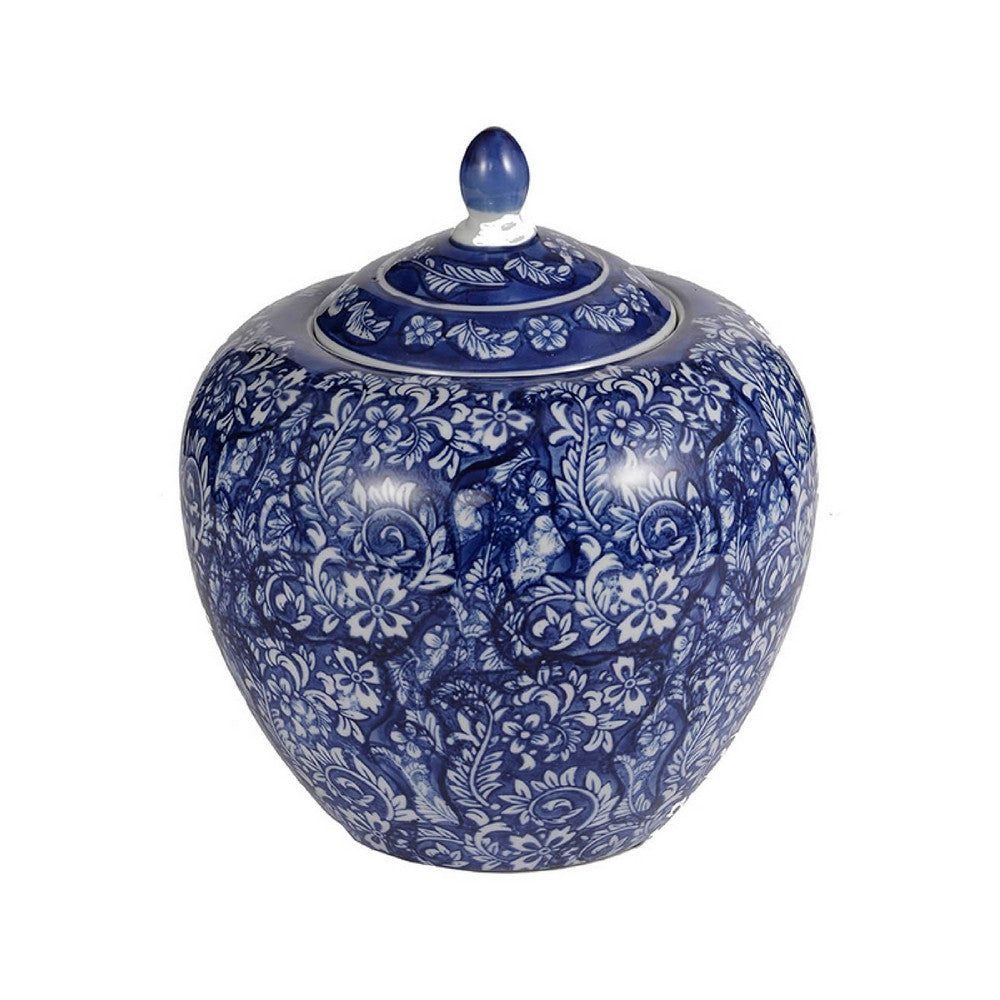 Ginger Jar with Finial | Persian Floral Print | White Blue Porcelain | 10"