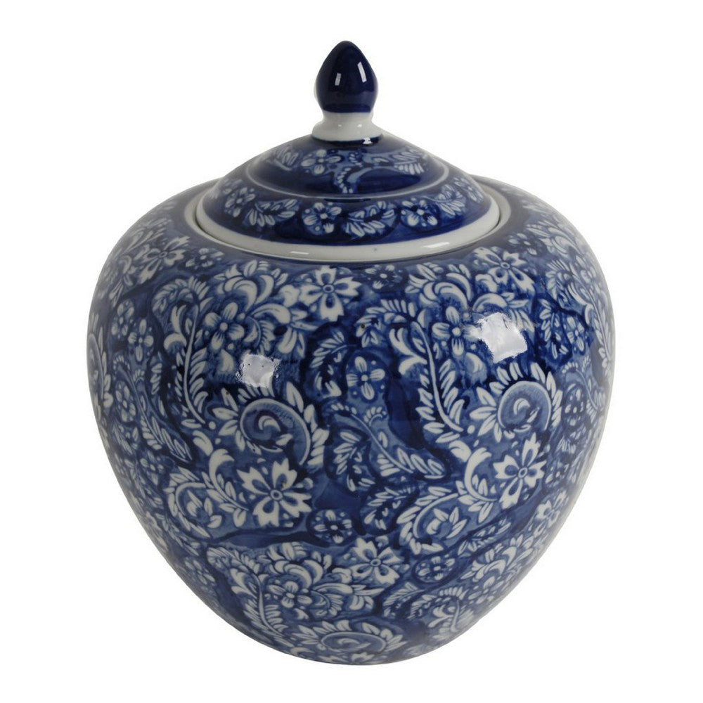 Ginger Jar with Finial | Persian Floral Print | White Blue Porcelain | 10"
