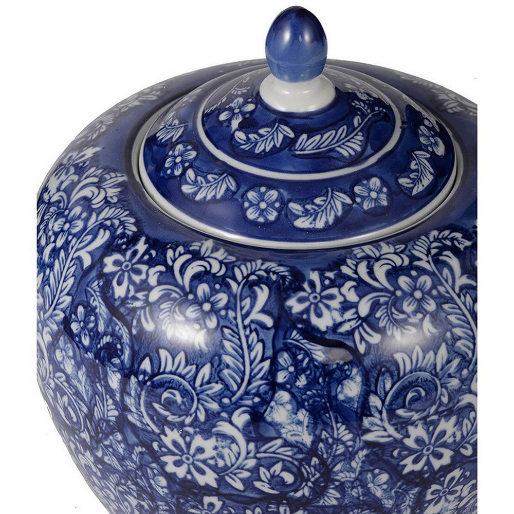 Ginger Jar with Finial | Persian Floral Print | White Blue Porcelain | 10"