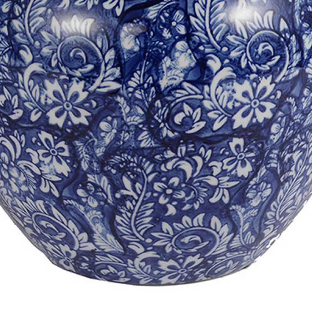 Ginger Jar with Finial | Persian Floral Print | White Blue Porcelain | 10"