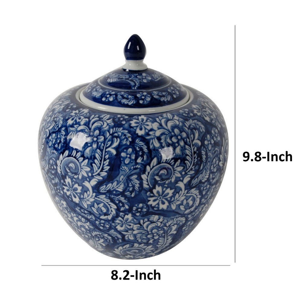 Ginger Jar with Finial | Persian Floral Print | White Blue Porcelain | 10"