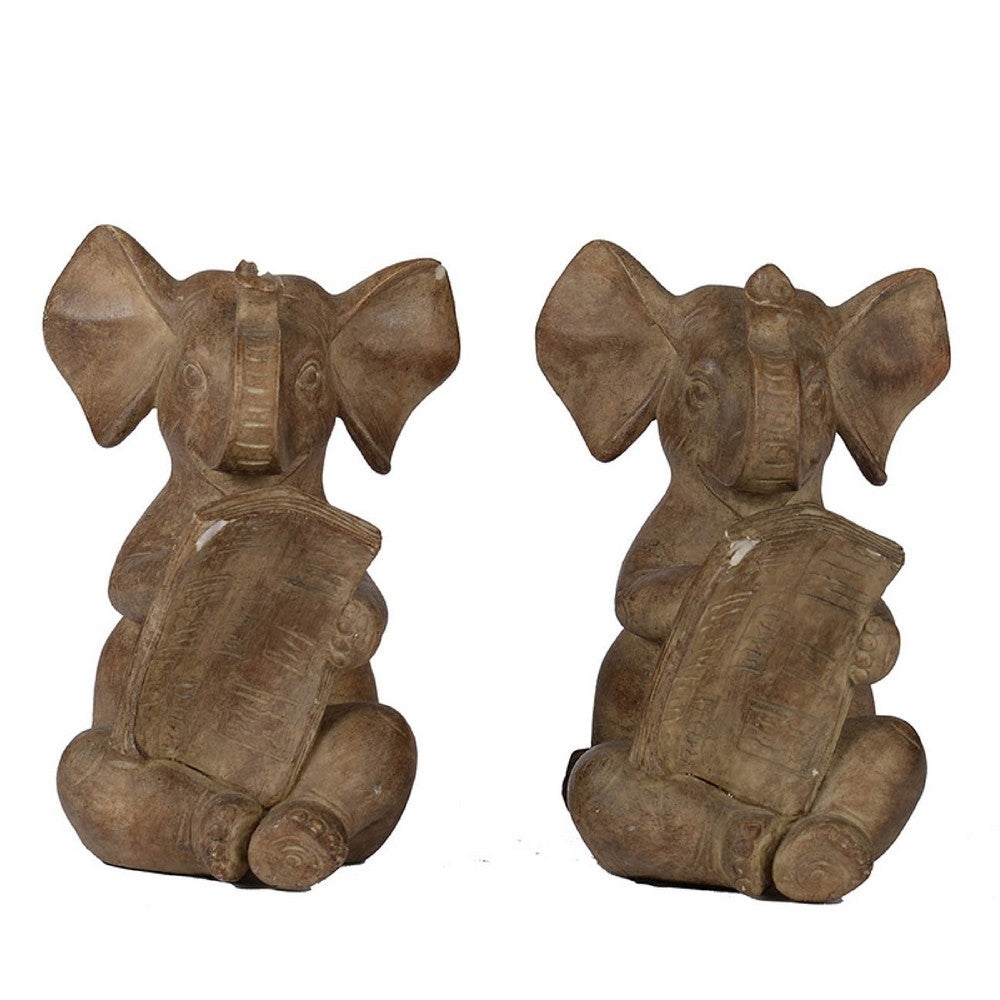 Accent Bookends Set of 2 | Reading Elephants | Antique Brown | 9"