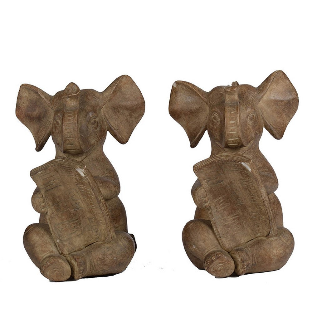 Accent Bookends Set of 2 | Reading Elephants | Antique Brown | 9"