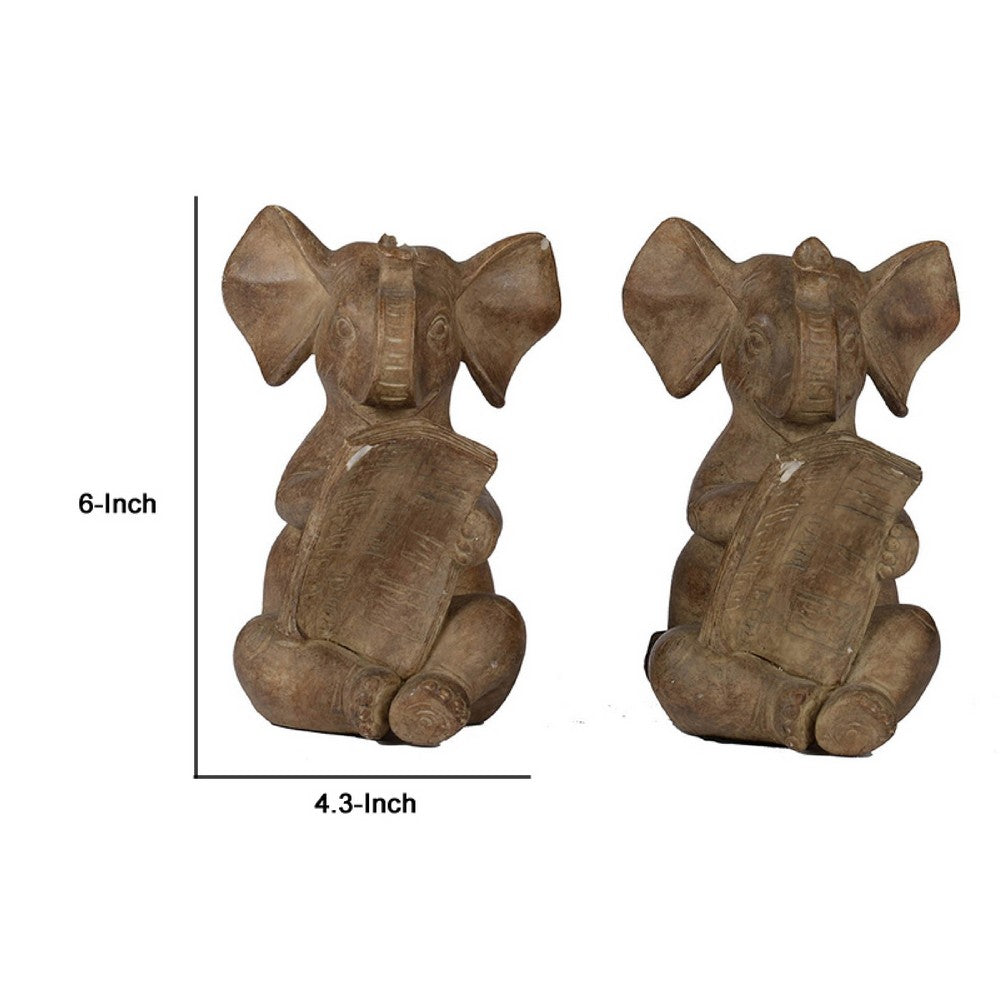 Accent Bookends Set of 2 | Reading Elephants | Antique Brown | 9"