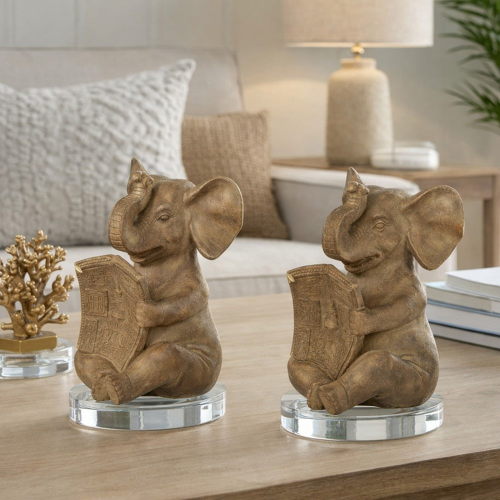 Accent Bookends Set of 2 | Reading Elephants | Antique Brown | 9"