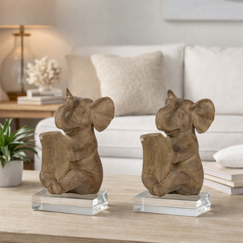 Accent Bookends Set of 2 | Reading Elephants | Antique Brown | 9"