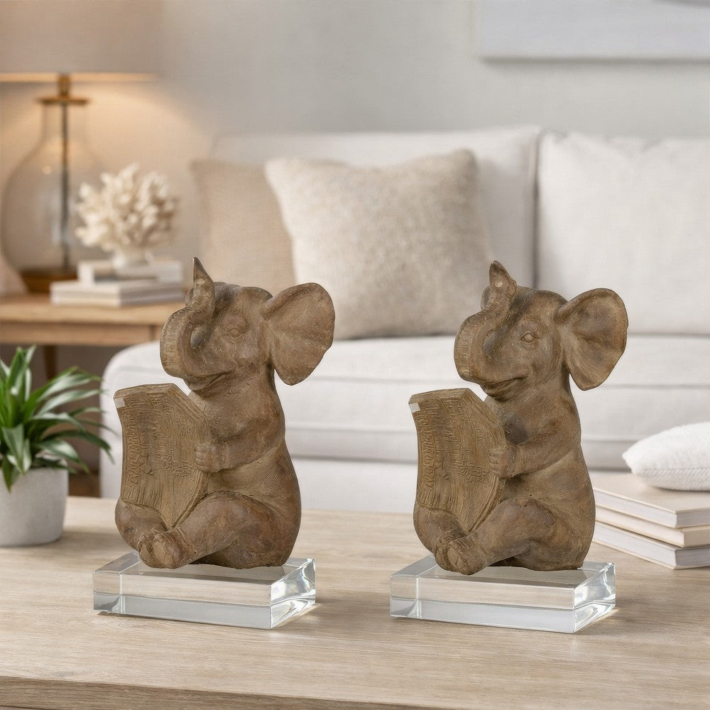 Accent Bookends Set of 2 | Reading Elephants | Antique Brown | 9"