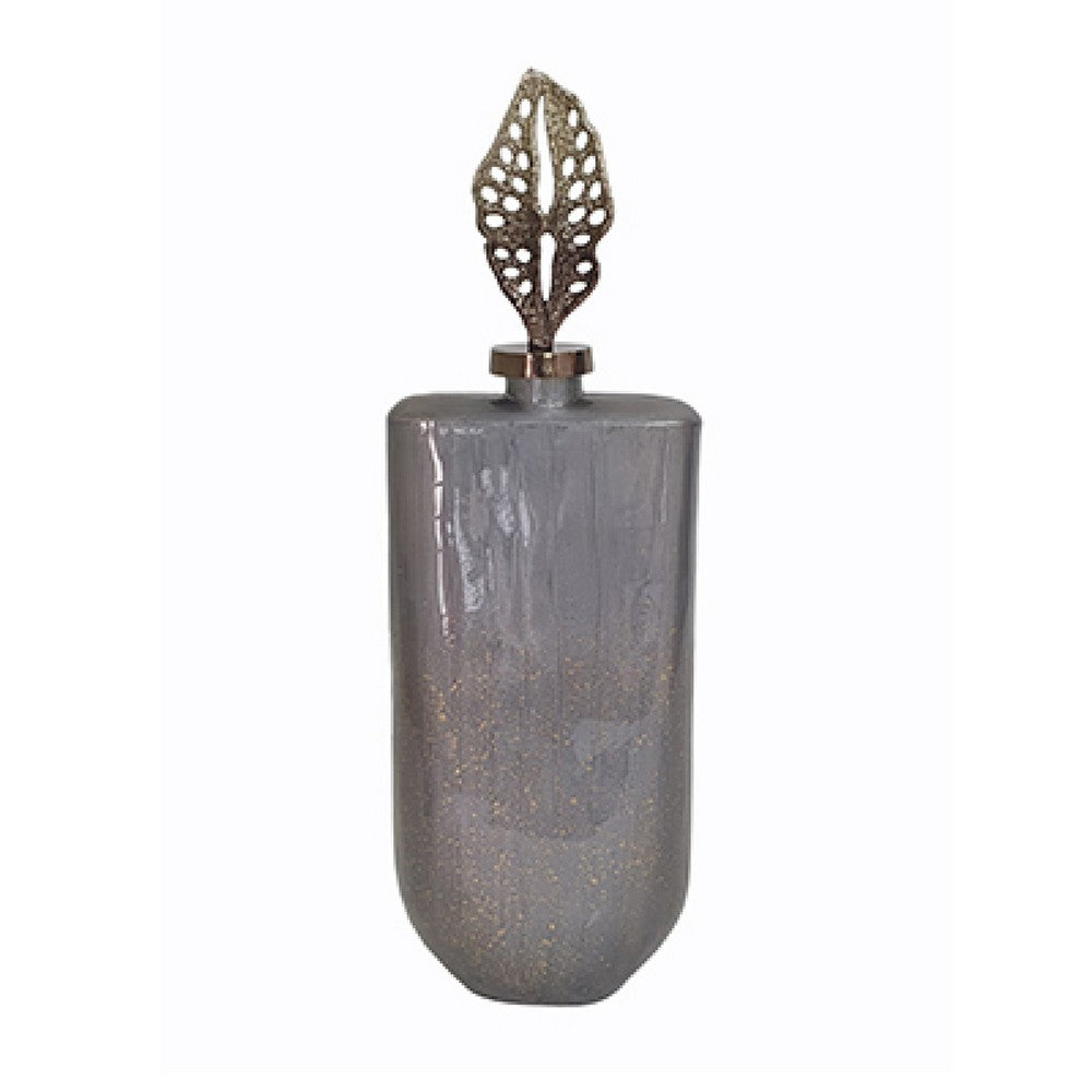 Decorative Bottle with Classic Sculpted Gold Leaf Lid | 23" Gray Glass