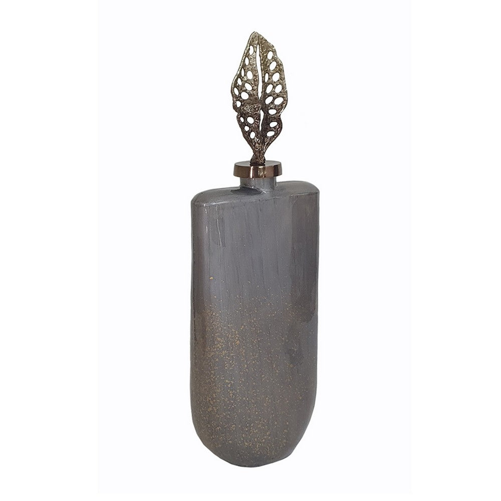 Decorative Bottle with Classic Sculpted Gold Leaf Lid | 23" Gray Glass