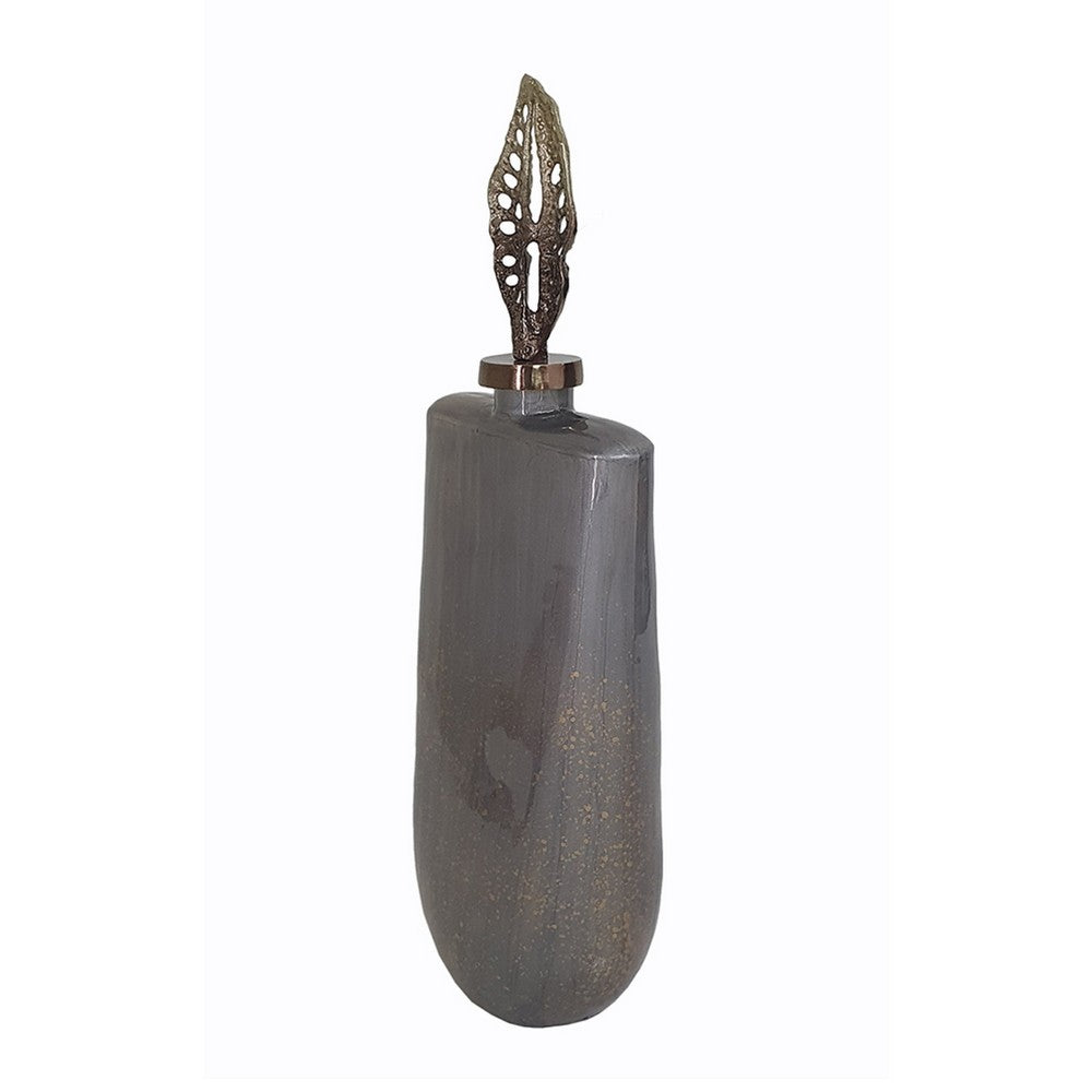 Decorative Bottle with Classic Sculpted Gold Leaf Lid | 23" Gray Glass