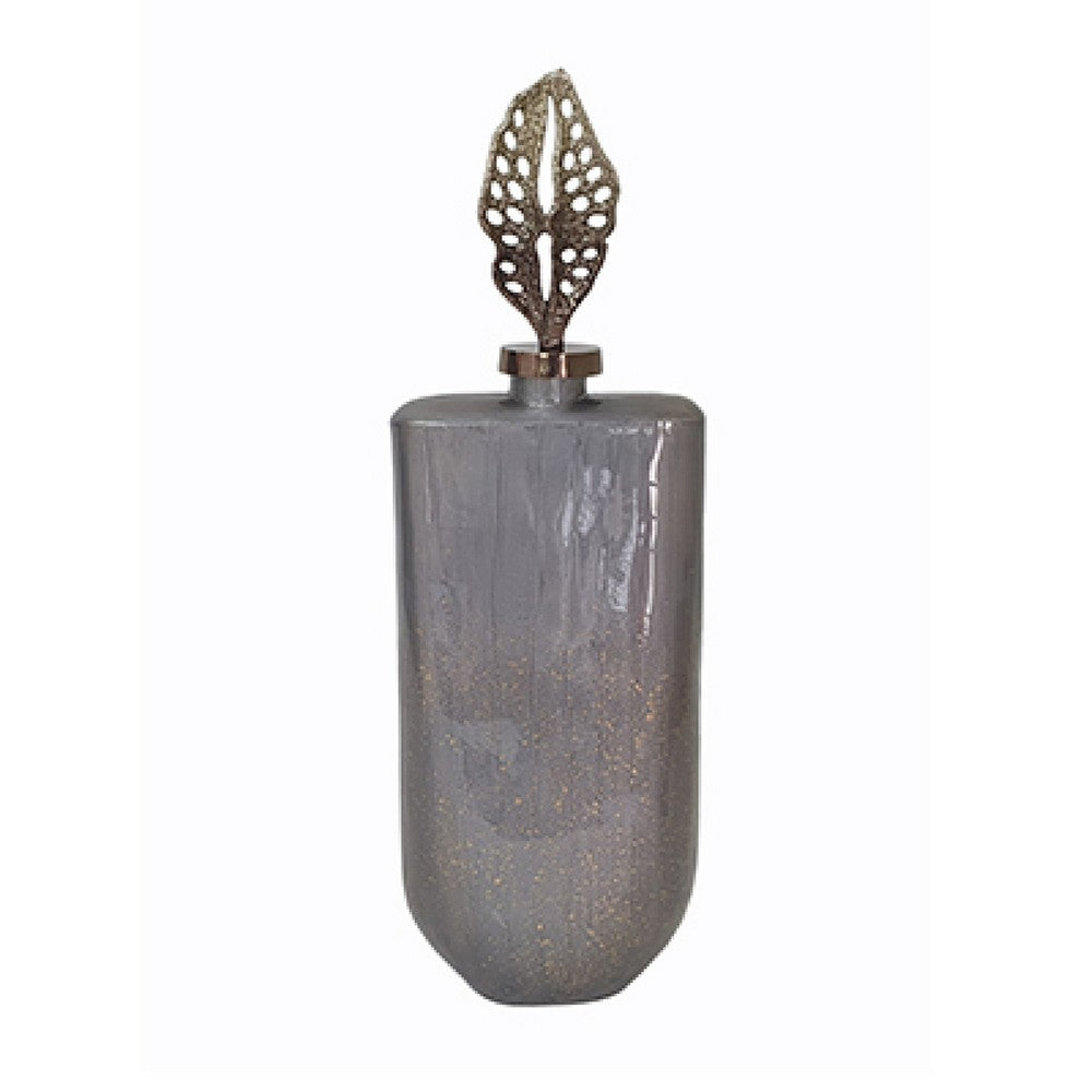 Decorative Bottle with Classic Sculpted Gold Leaf Lid | 23" Gray Glass