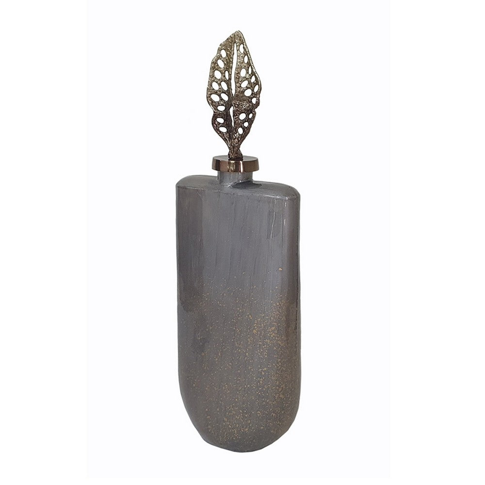 Decorative Bottle with Classic Sculpted Gold Leaf Lid | 23" Gray Glass