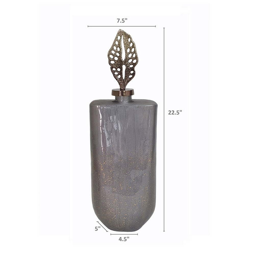 Decorative Bottle with Classic Sculpted Gold Leaf Lid | 23" Gray Glass