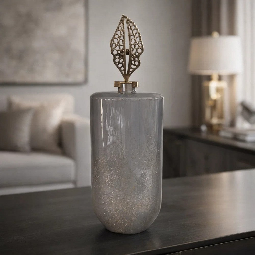 Decorative Bottle with Classic Sculpted Gold Leaf Lid | 23" Gray Glass