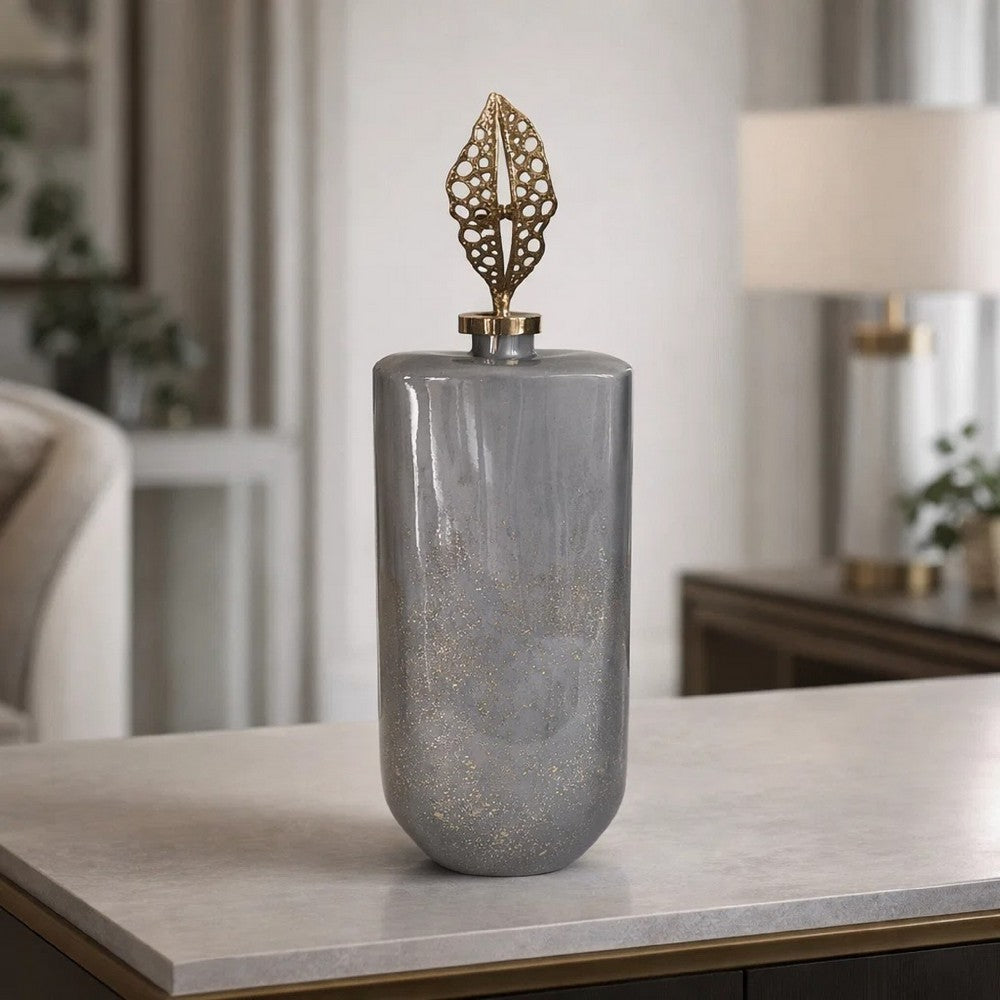 Decorative Bottle with Classic Sculpted Gold Leaf Lid | 23" Gray Glass