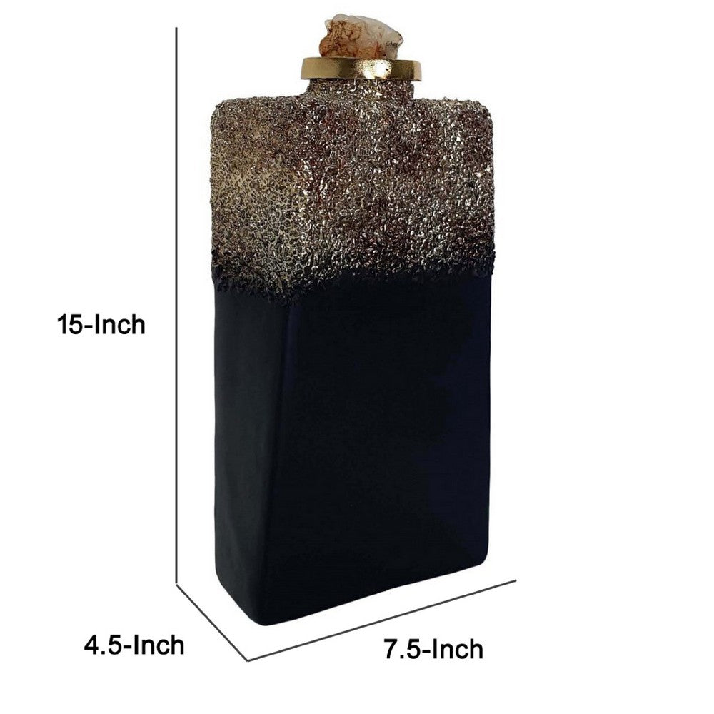 Decorative Bottle | Gold Glitter & Stone Lid | 15" Black Glass