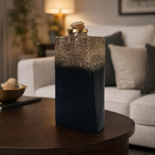 Decorative Bottle | Gold Glitter & Stone Lid | 15" Black Glass