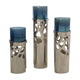 Votive Candle Holder Set of 3 | Silver Aluminum Stand | Ocean Blue Glass