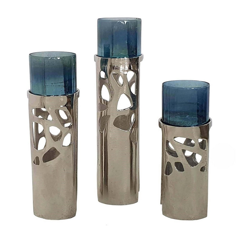 Votive Candle Holder Set of 3 | Silver Aluminum Stand | Ocean Blue Glass