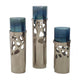 Votive Candle Holder Set of 3 | Silver Aluminum Stand | Ocean Blue Glass