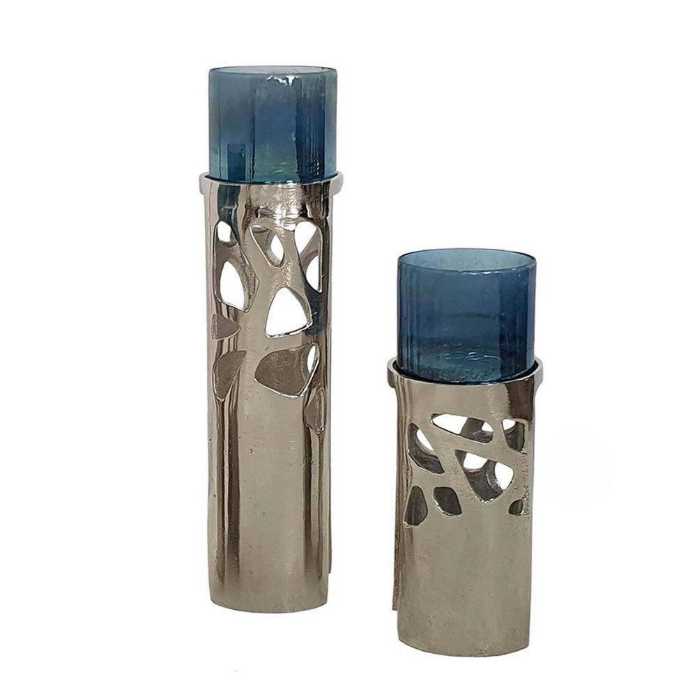 Votive Candle Holder Set of 3 | Silver Aluminum Stand | Ocean Blue Glass