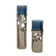 Votive Candle Holder Set of 3 | Silver Aluminum Stand | Ocean Blue Glass