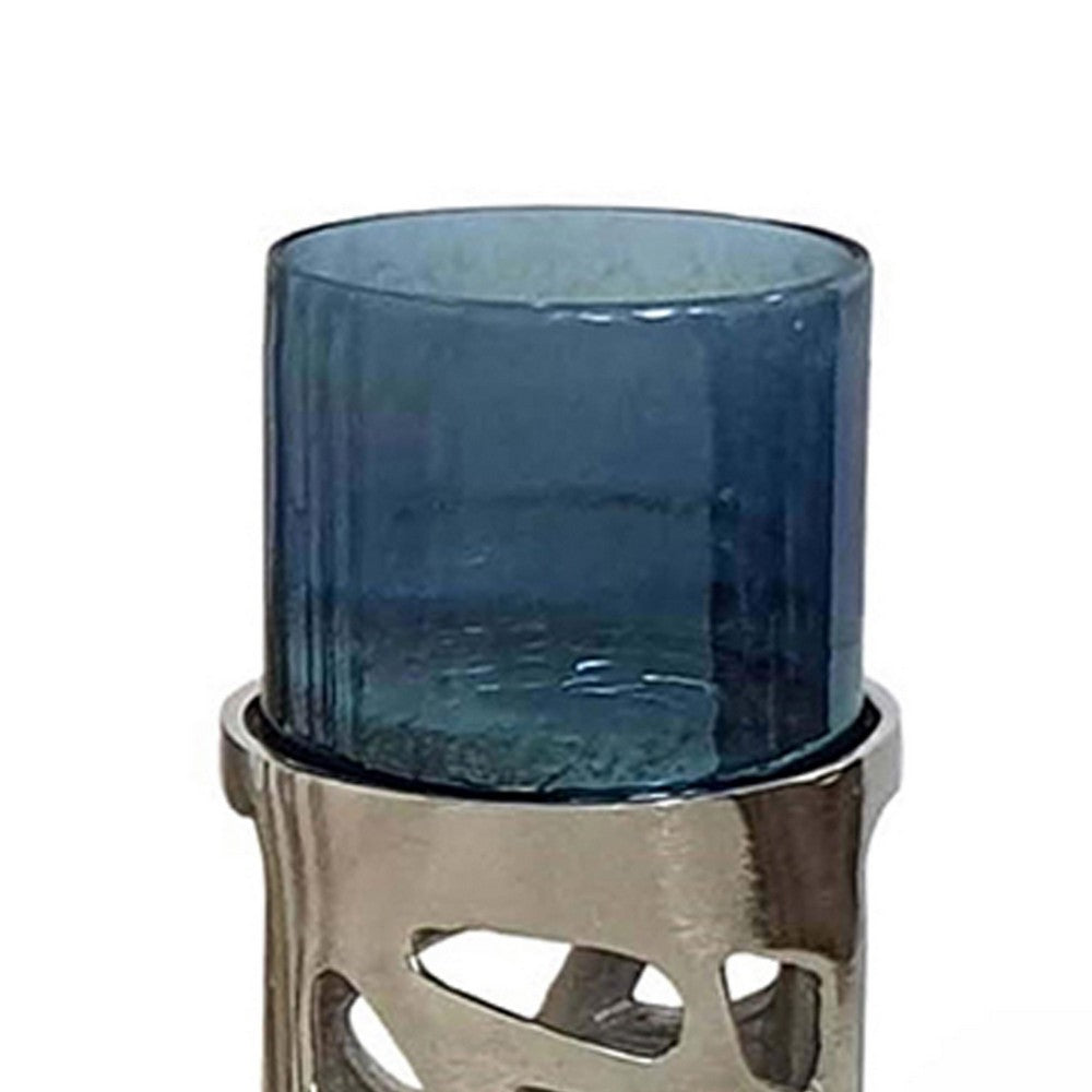 Votive Candle Holder Set of 3 | Silver Aluminum Stand | Ocean Blue Glass