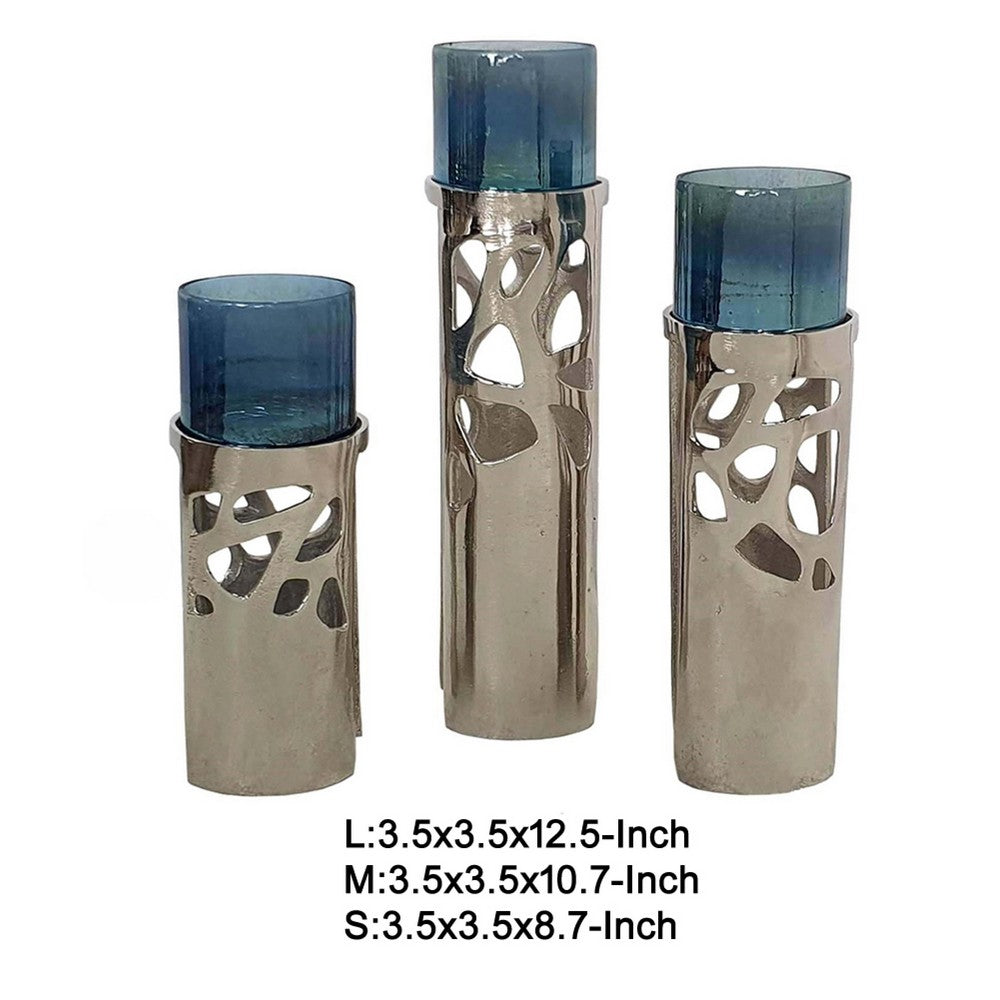 Votive Candle Holder Set of 3 | Silver Aluminum Stand | Ocean Blue Glass