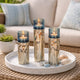 Votive Candle Holder Set of 3 | Silver Aluminum Stand | Ocean Blue Glass
