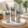 Votive Candle Holder Set of 3 | Silver Aluminum Stand | Ocean Blue Glass