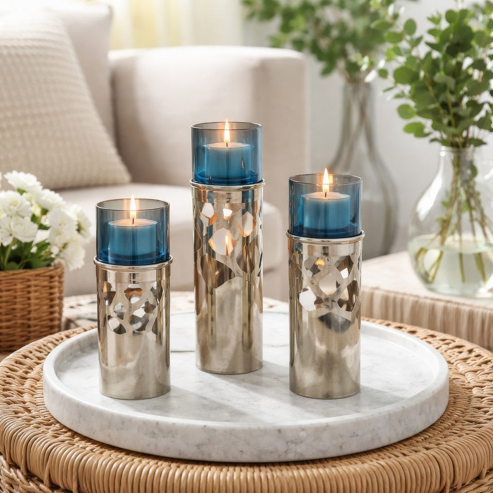 Votive Candle Holder Set of 3 | Silver Aluminum Stand | Ocean Blue Glass