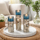 Votive Candle Holder Set of 3 | Silver Aluminum Stand | Ocean Blue Glass