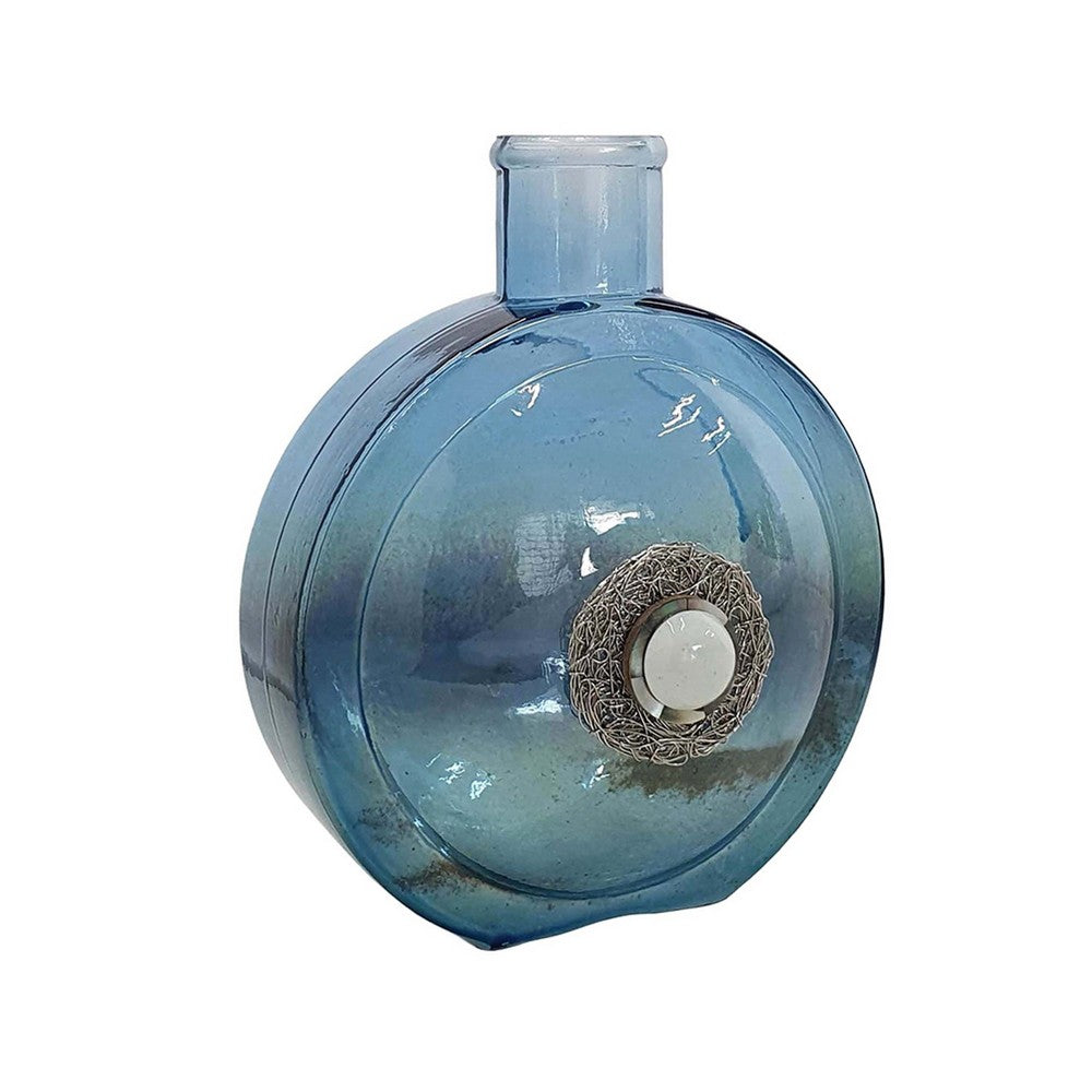 Decorative Floral Vase | Coastal Ocean Blue Glass with Stone Motif | 8"