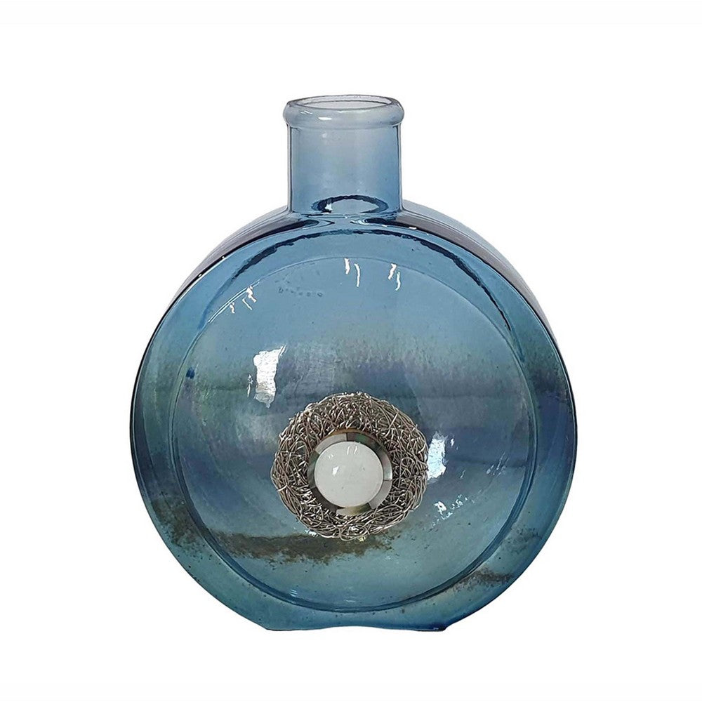 Decorative Floral Vase | Coastal Ocean Blue Glass with Stone Motif | 8"