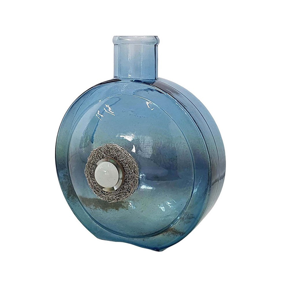 Decorative Floral Vase | Coastal Ocean Blue Glass with Stone Motif | 8"