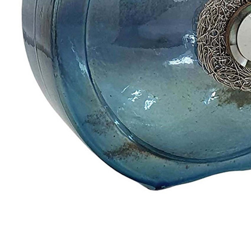 Decorative Floral Vase | Coastal Ocean Blue Glass with Stone Motif | 8"