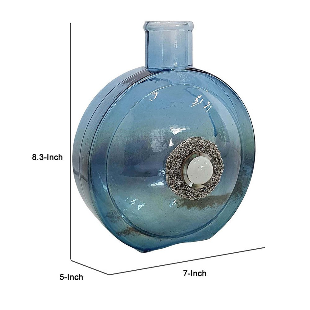 Decorative Floral Vase | Coastal Ocean Blue Glass with Stone Motif | 8"