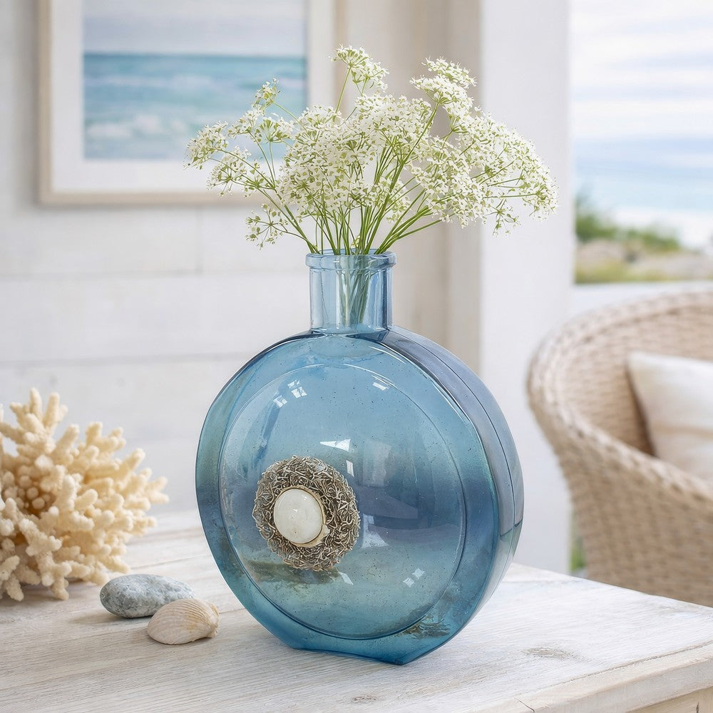 Decorative Floral Vase | Coastal Ocean Blue Glass with Stone Motif | 8"