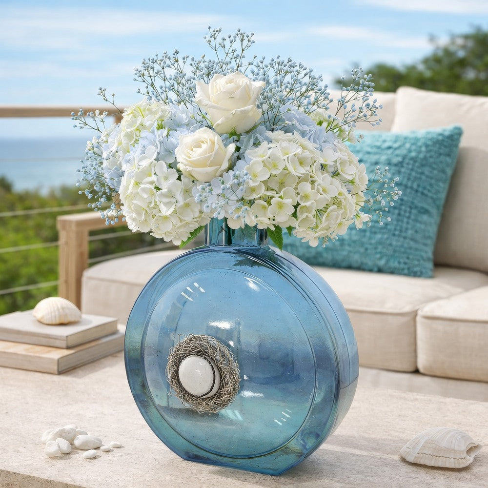 Decorative Floral Vase | Coastal Ocean Blue Glass with Stone Motif | 8"