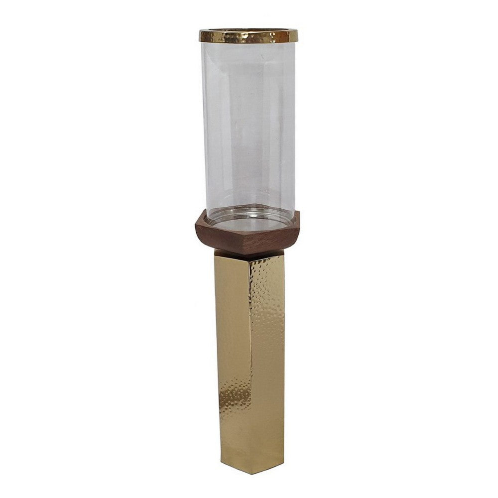 Gemo Hurricane Candle Holder with Gold Base | Mango Wood Accent 21"