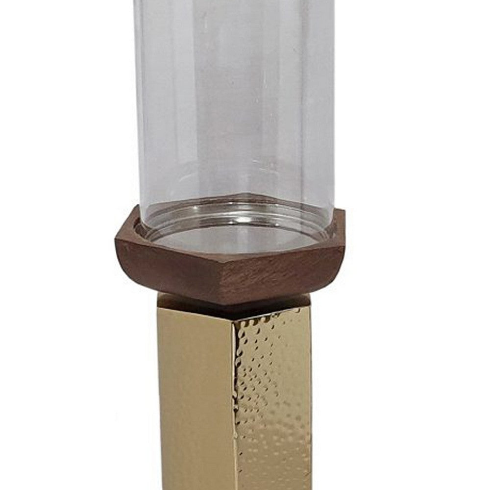 Gemo Hurricane Candle Holder with Gold Base | Mango Wood Accent 21"