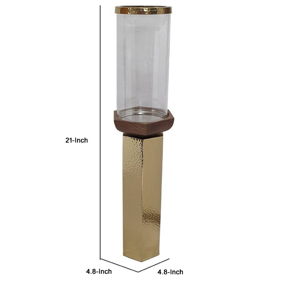Gemo Hurricane Candle Holder with Gold Base | Mango Wood Accent 21"